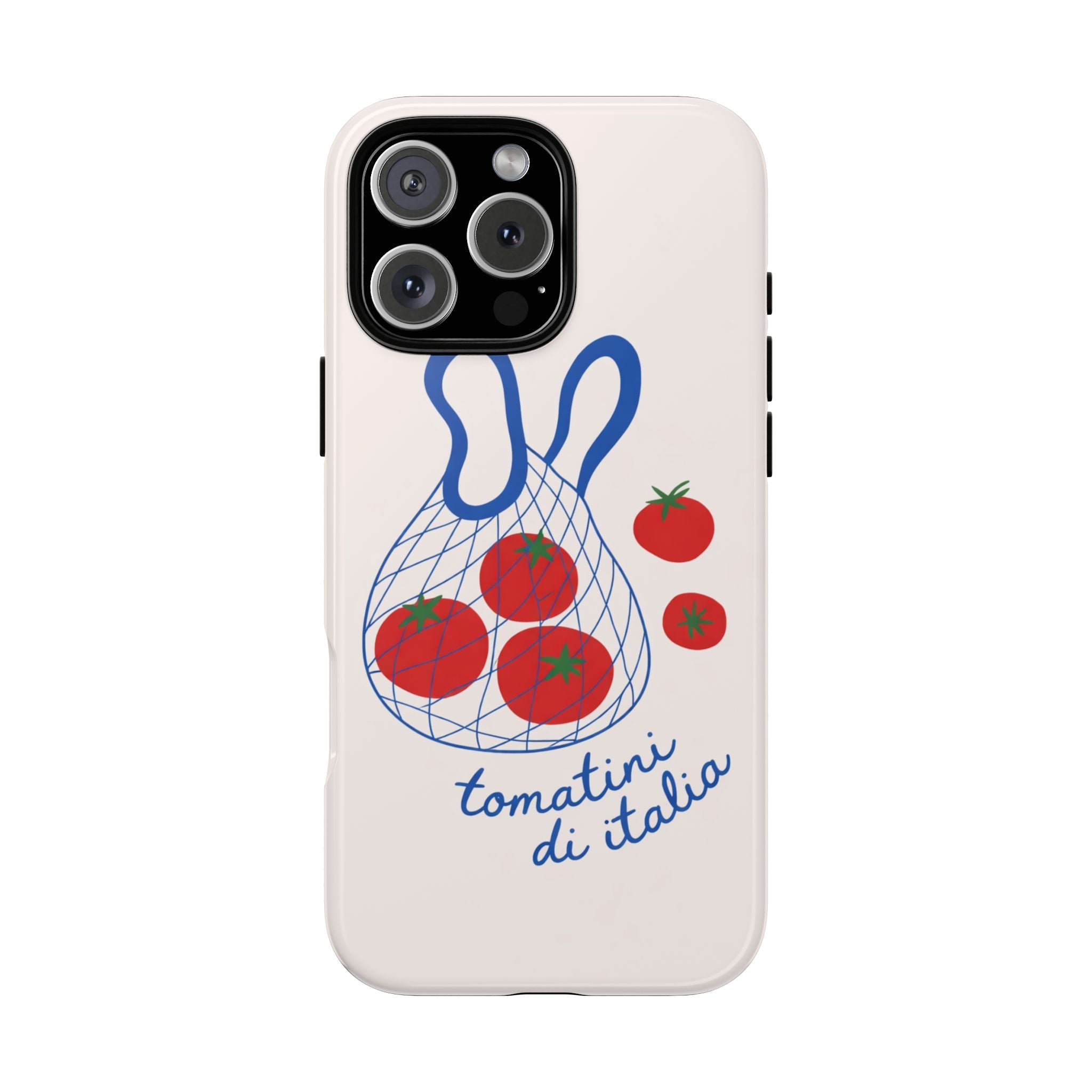 Light pink phone case with blue tomato illustration, red tomato cluster, and “tomatini di italia”