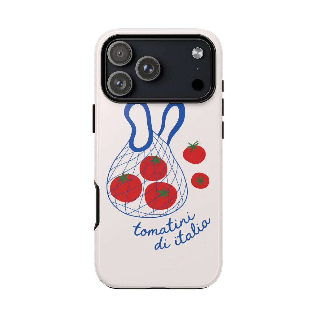 Cream phone case with blue netted tomato graphic and red tomatoes around black camera cutout