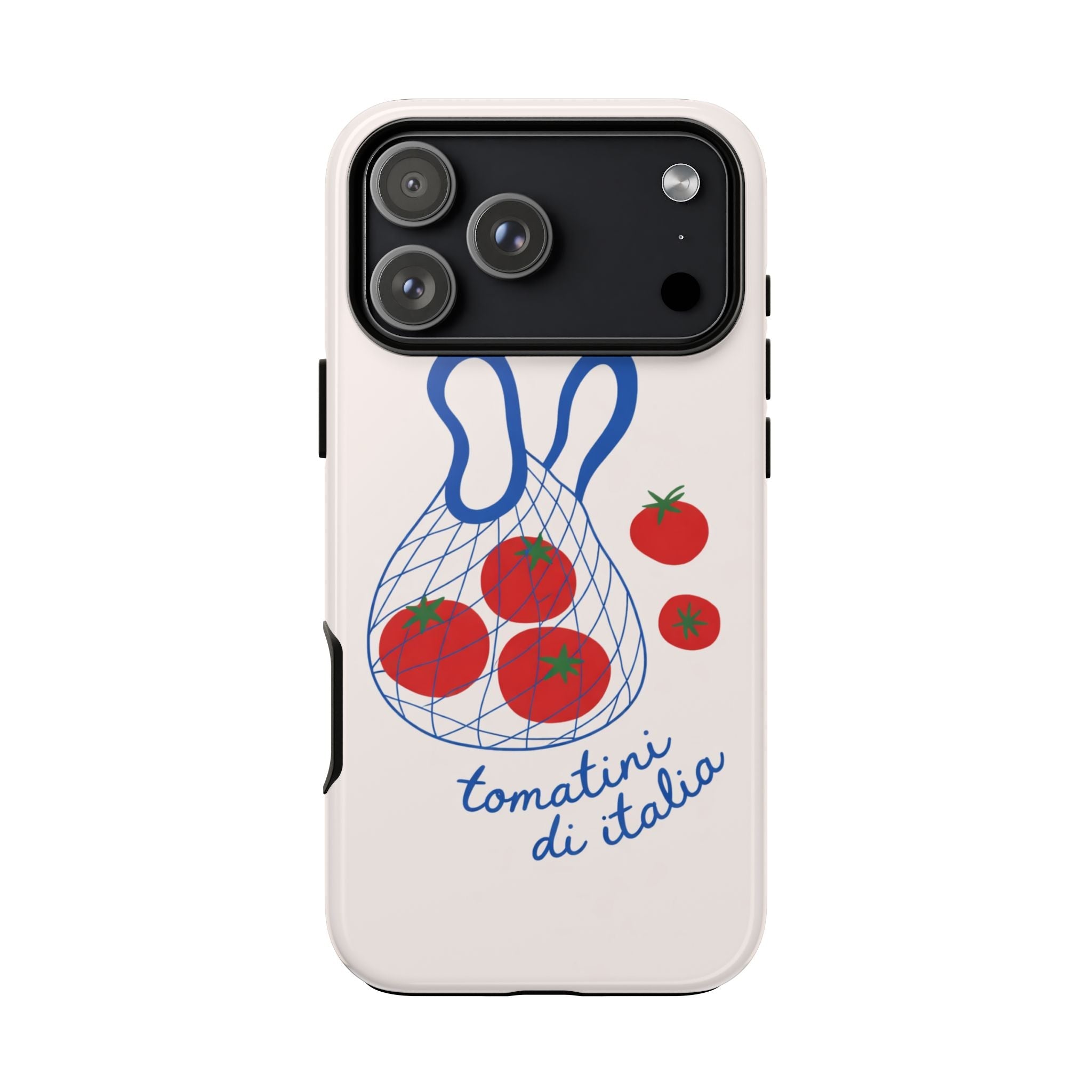 Cream phone case with blue netted tomato graphic and red tomatoes around black camera cutout