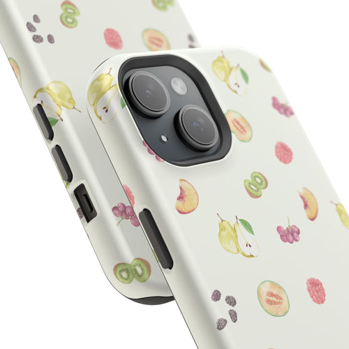 Tropical fruits phone case angled view with fruit pattern and dual camera cutouts