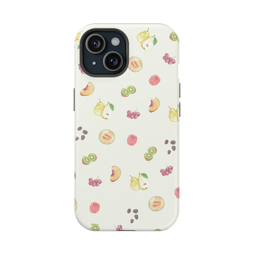 Tropical fruits phone case with scattered illustrated pears, berries, and kiwi on light background