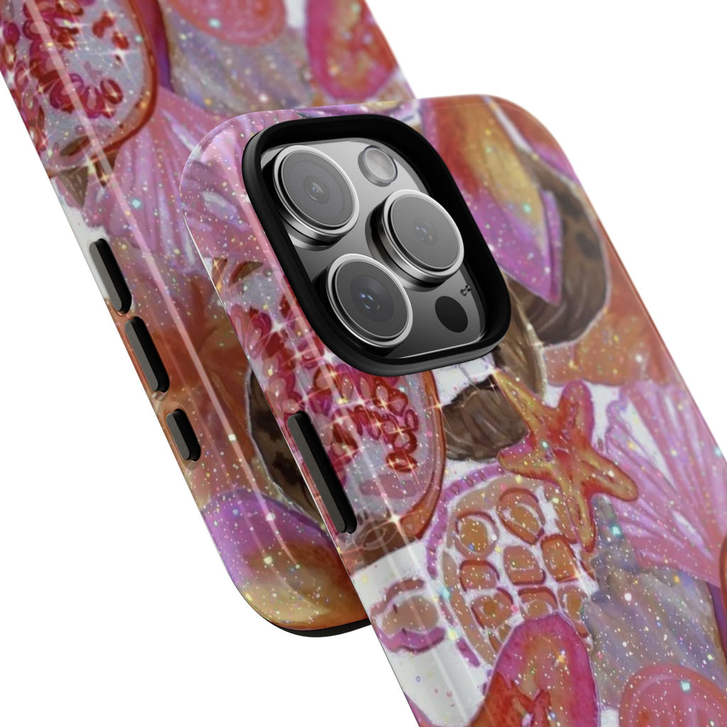 Angled iridescent tropical phone case with raised camera ring and pink purple orange print