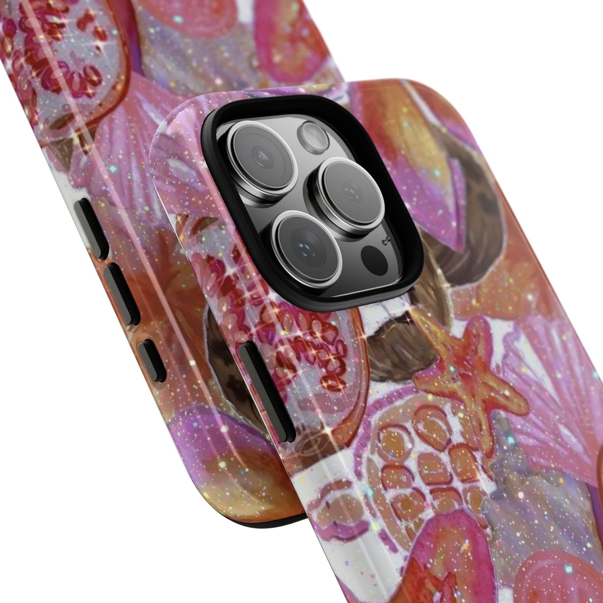 Angled iridescent tropical phone case with raised camera ring and pink purple orange print