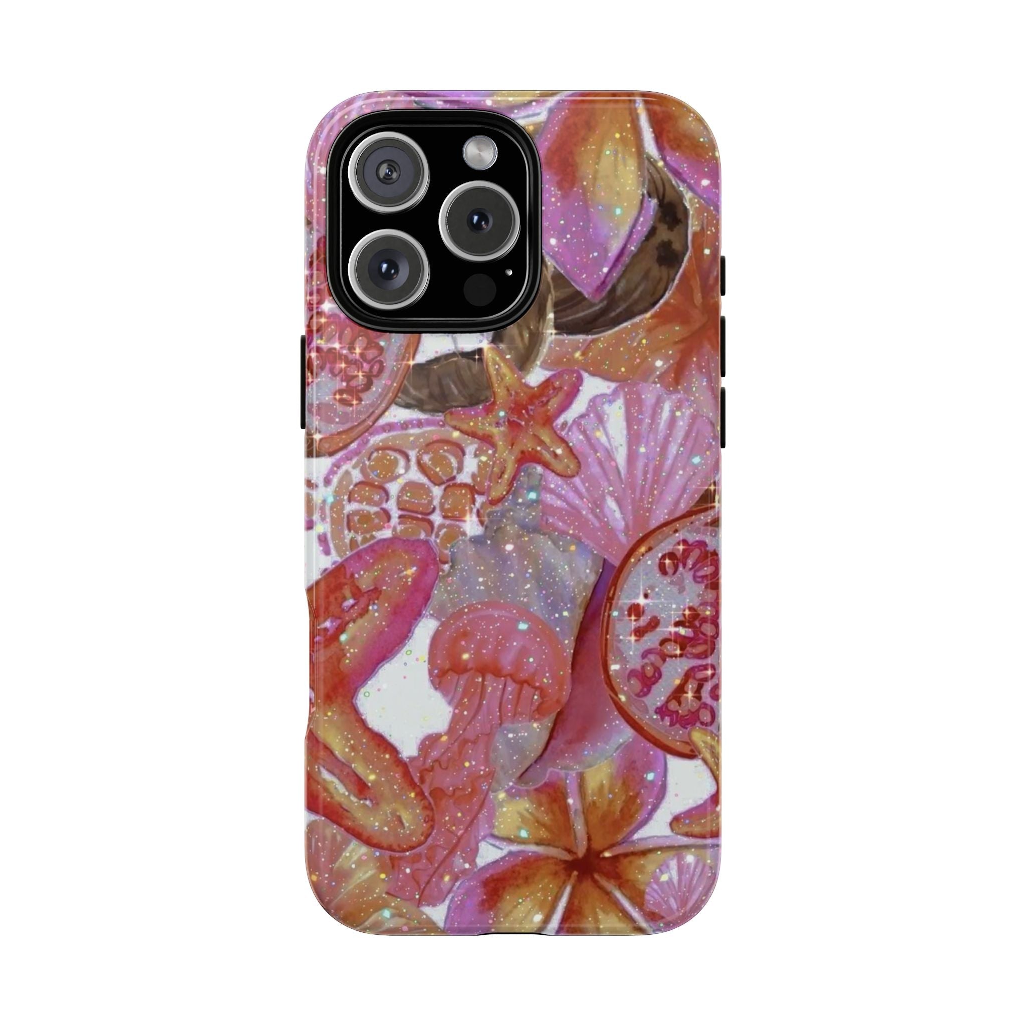 Iridescent tropical kawaii phone case with pink, purple and orange cartoon fruit pattern