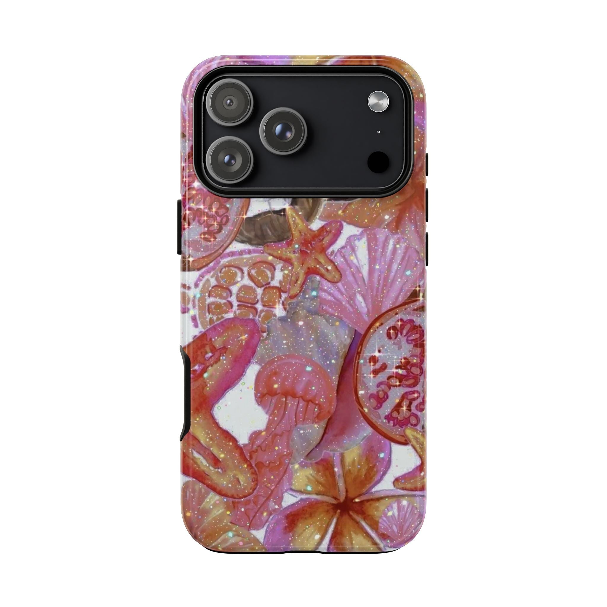 Back of iridescent phone case with camera cutouts and pink purple orange tropical design