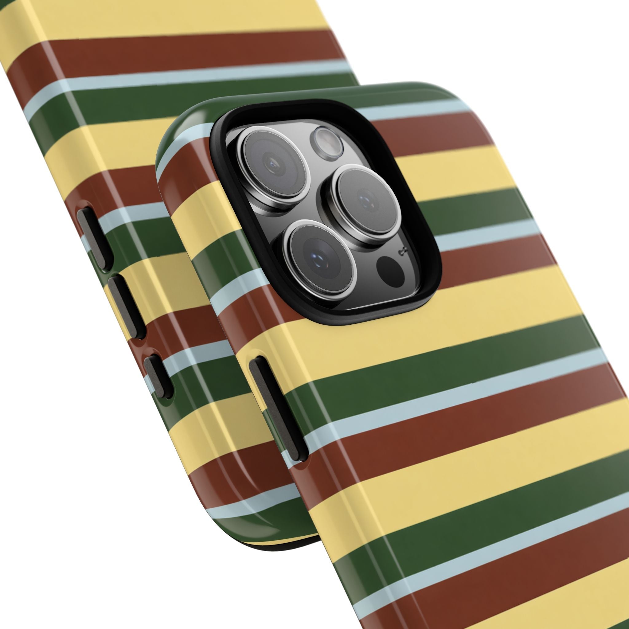 TUSCAN striped phone case angled view: green/cream/brown bands with side button cutouts