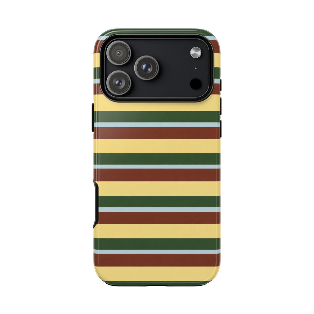 TUSCAN striped phone case with green, cream, and brown horizontal bands; camera cutouts