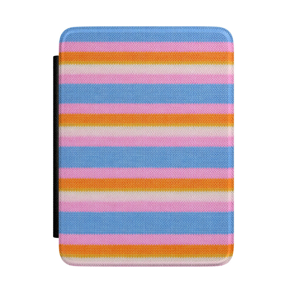 Hardcover Kindle case with colorful horizontal striped knit and black side cover