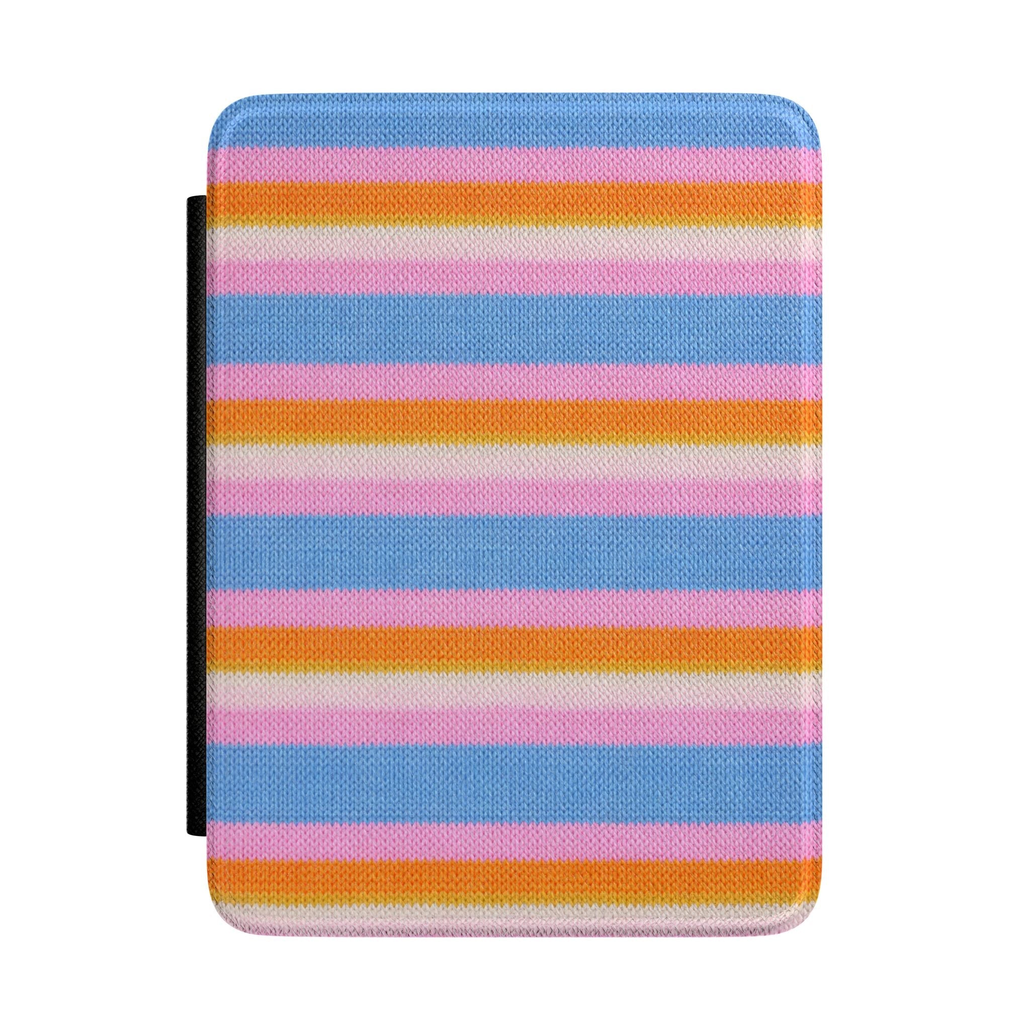 Hardcover Kindle case with colorful horizontal striped knit and black side cover