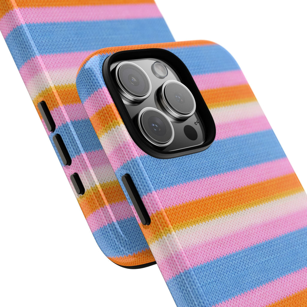 Rainbow striped phone case in blue, orange and pink bands; side button cutouts and camera lens covers