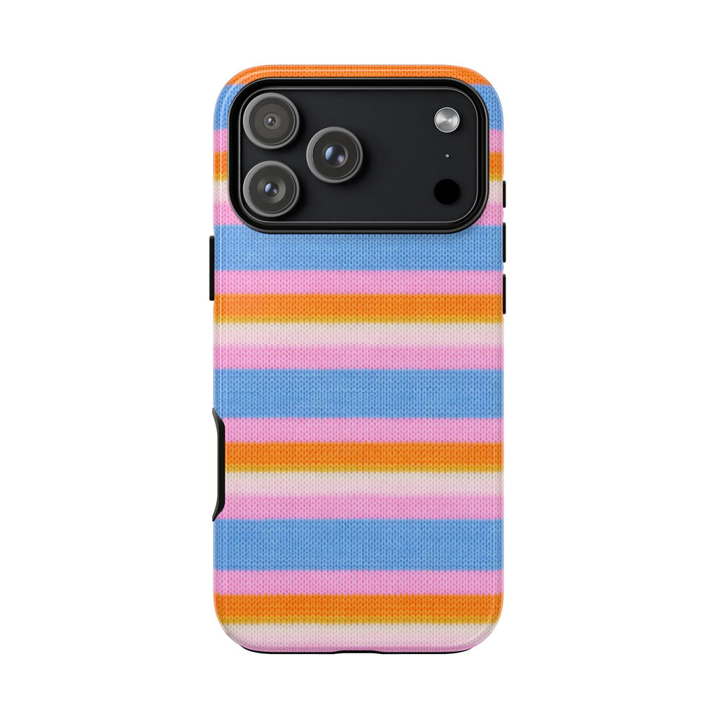 Rainbow candy-stripe phone case, blue and pink bands with orange accents; rear camera openings