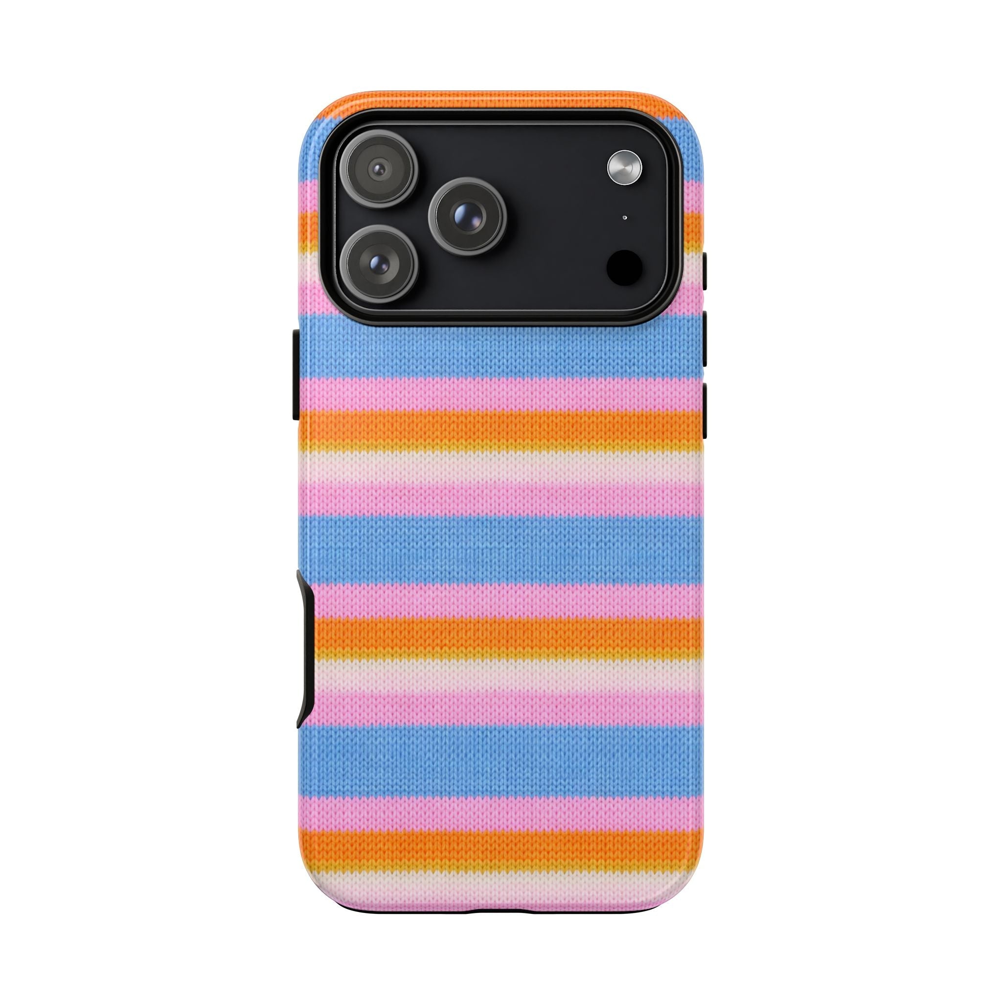 Rainbow candy-stripe phone case, blue and pink bands with orange accents; rear camera openings