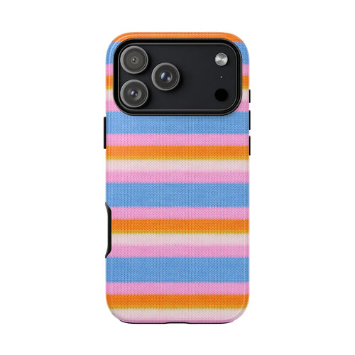 Rainbow candy-stripe phone case, blue and pink bands with orange accents; rear camera openings
