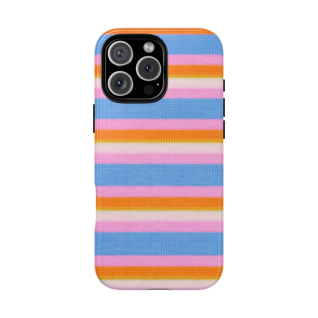 Rainbow striped phone case with orange, pink, white and blue stripes; camera cutouts