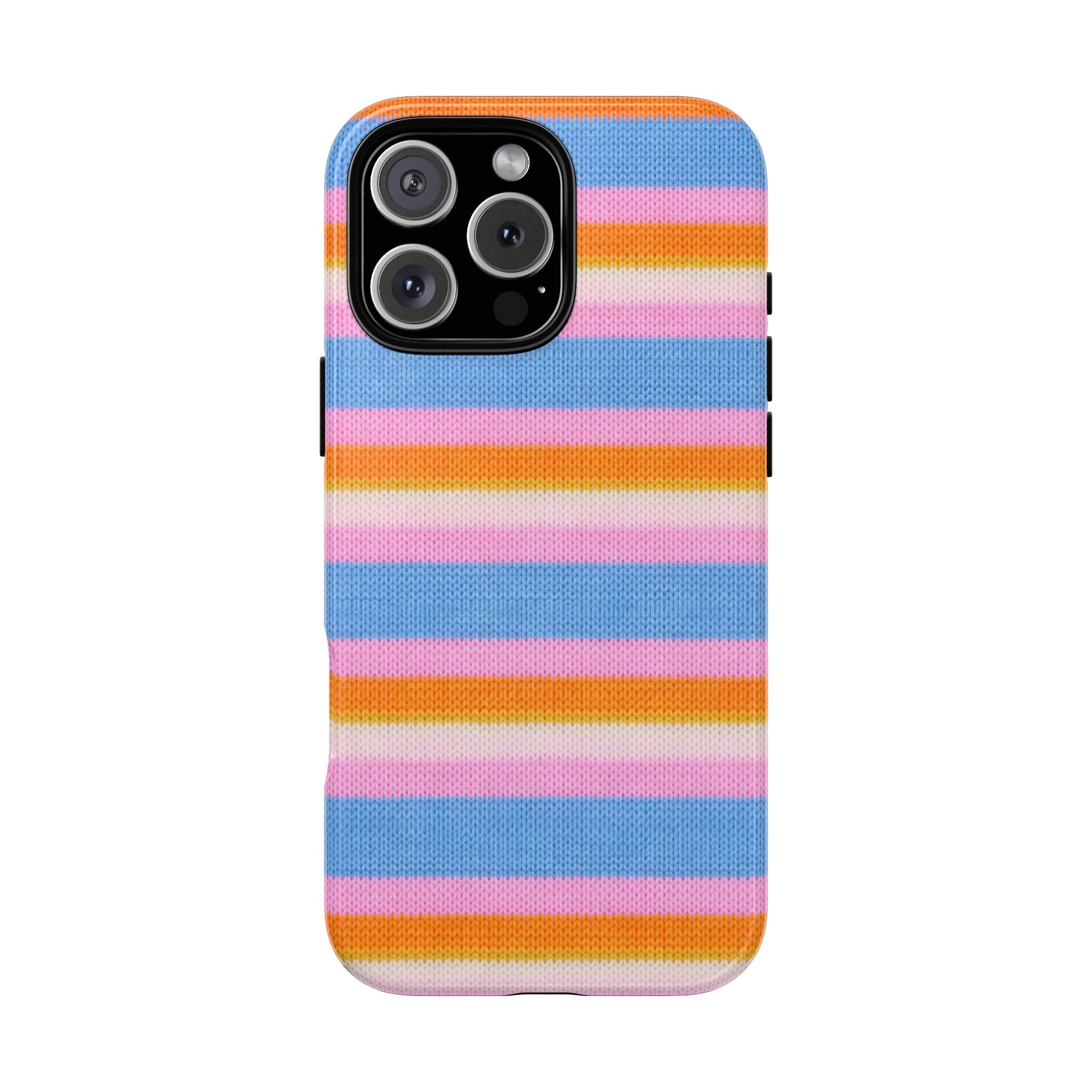 Rainbow striped phone case with orange, pink, white and blue stripes; camera cutouts
