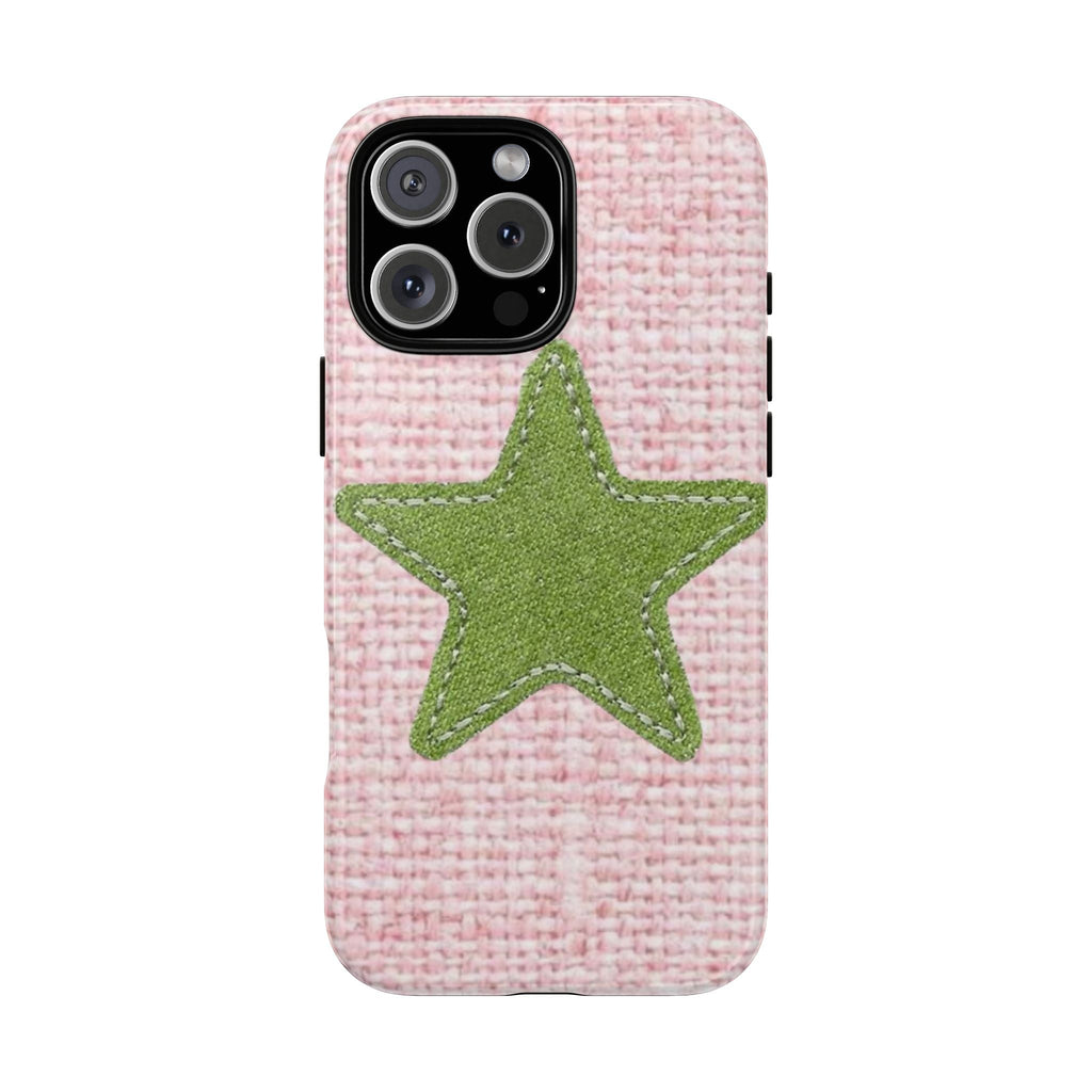 Pink tweed phone case with green stitched star, raised camera area and lens cutouts