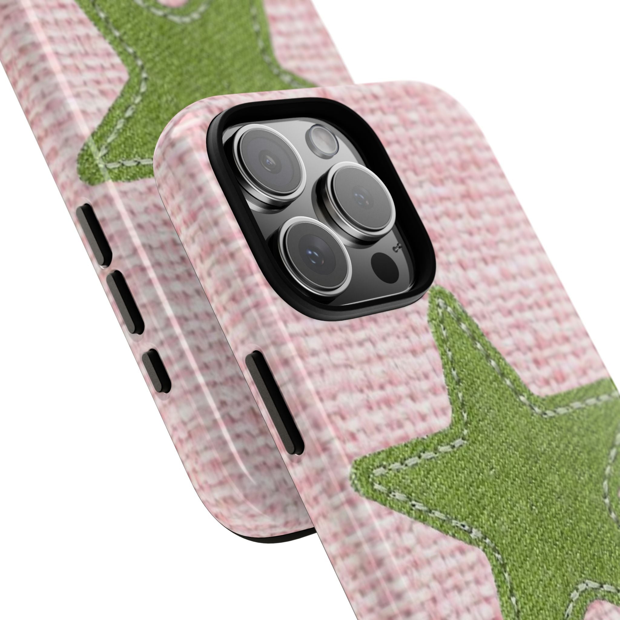 Pink tweed phone case with green star, side cutouts and protected camera lens area