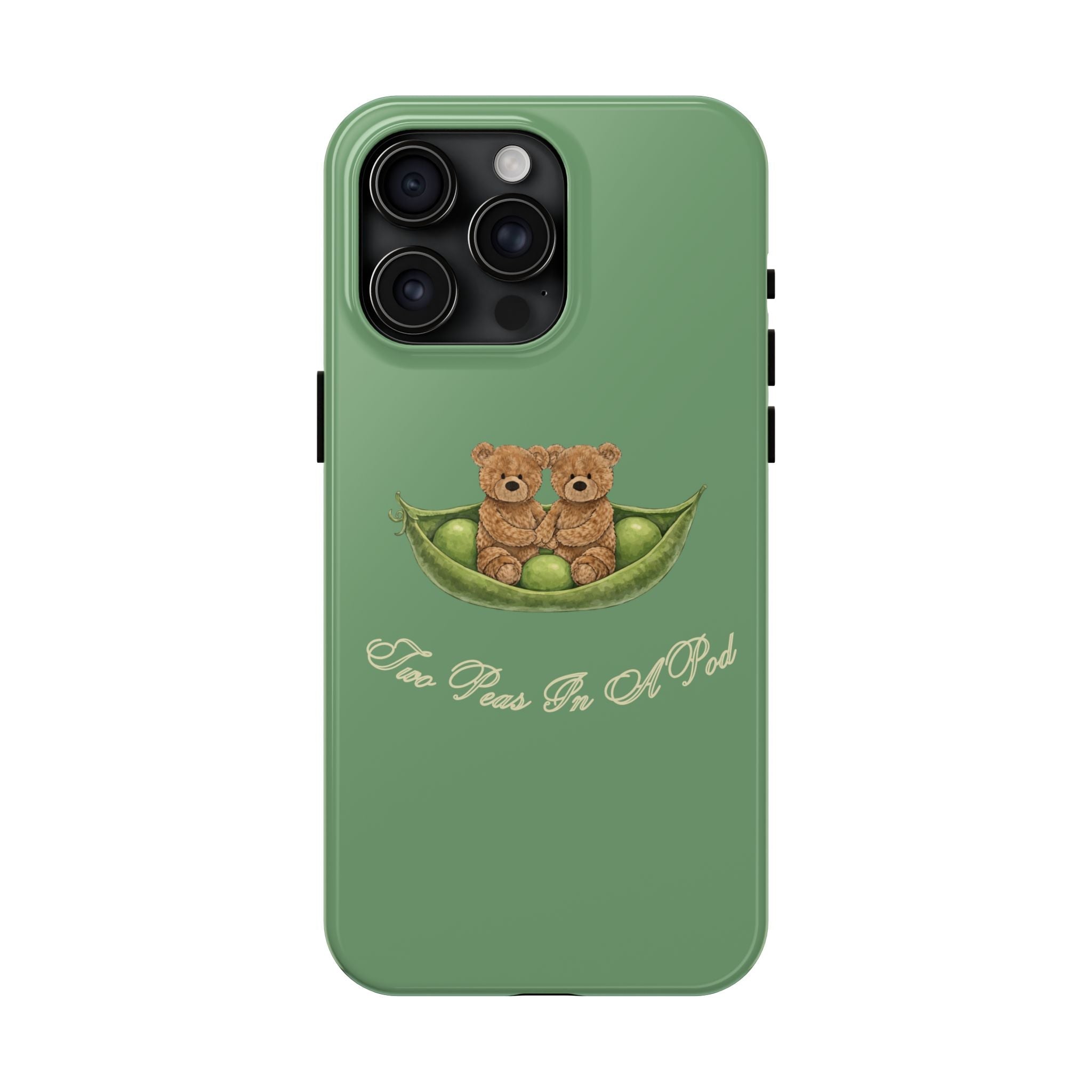 Green teddy bear phone case with two bears in a pea pod illustration