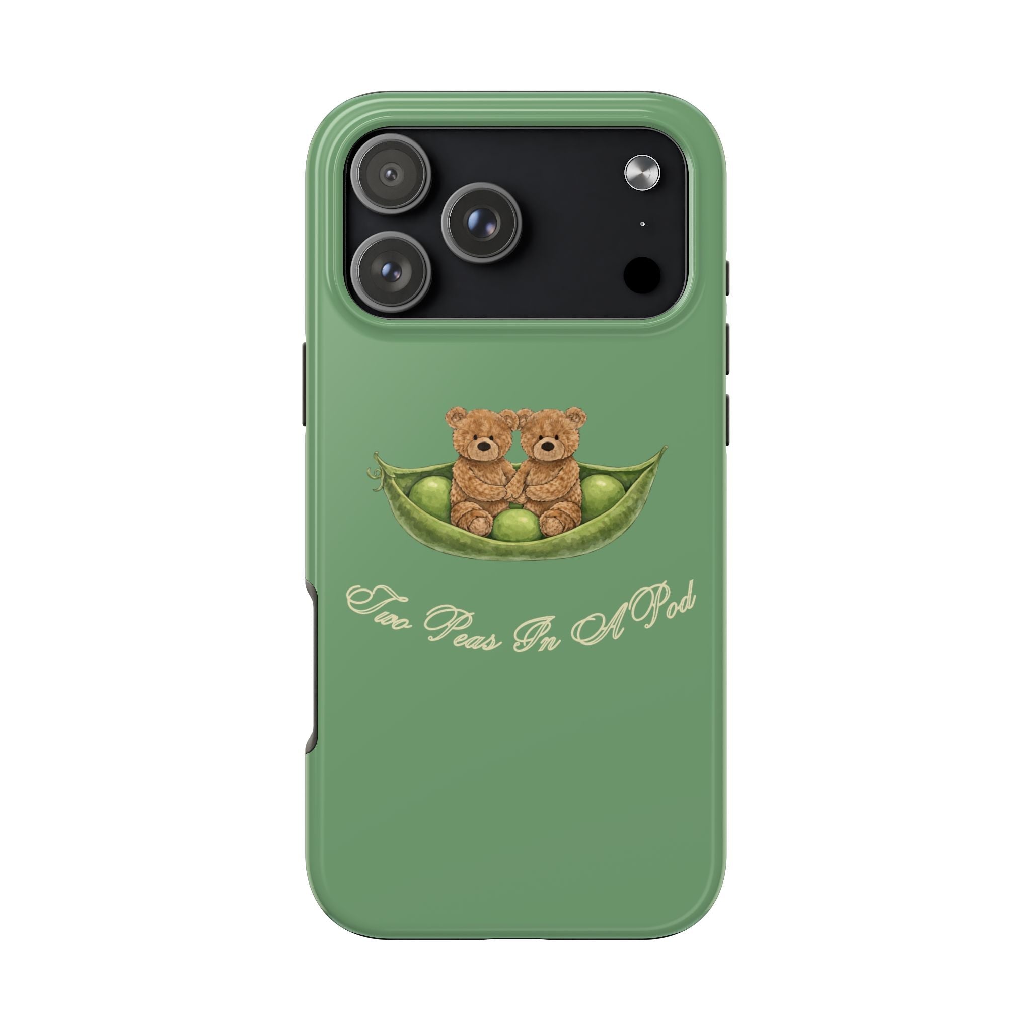 Green Two Peas In A Pod teddy bear phone case, pea pod graphic on back