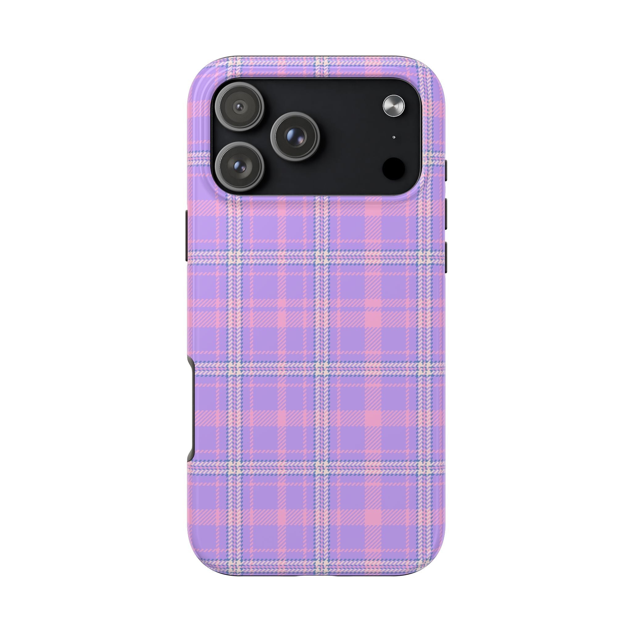 Ultraviolet plaid gingham phone case, snug fit around camera and side buttons