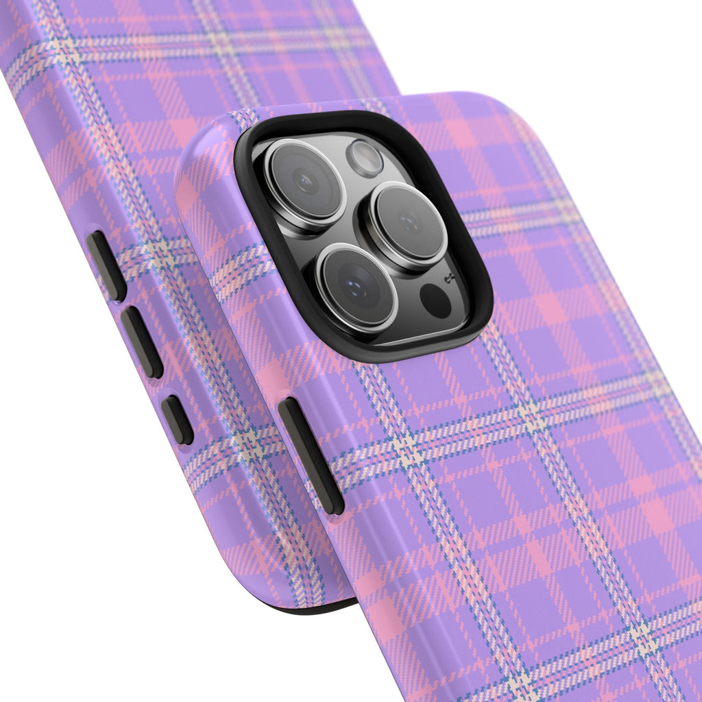 Ultraviolet plaid gingham phone case angled view; black camera surround and ports