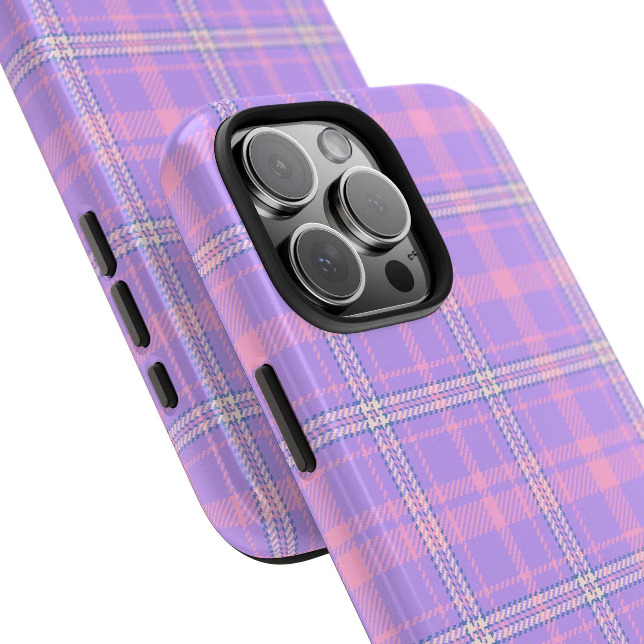 Ultraviolet plaid gingham phone case angled view; black camera surround and ports