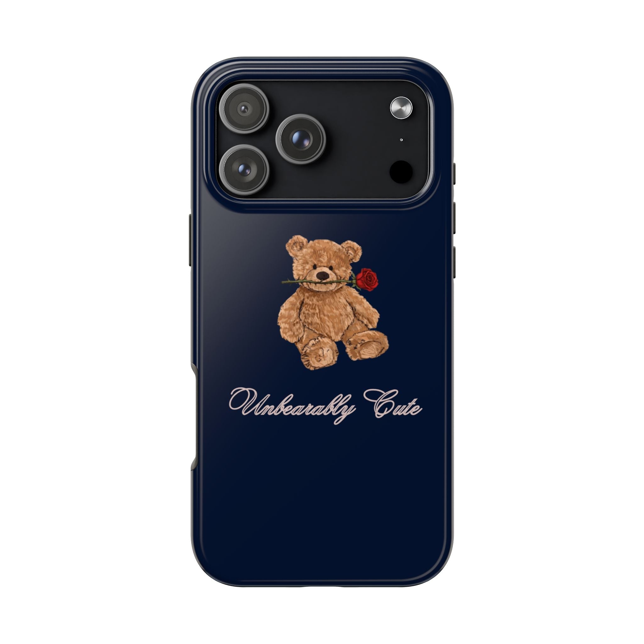 Dark blue phone case with teddy bear and red rose, script detail