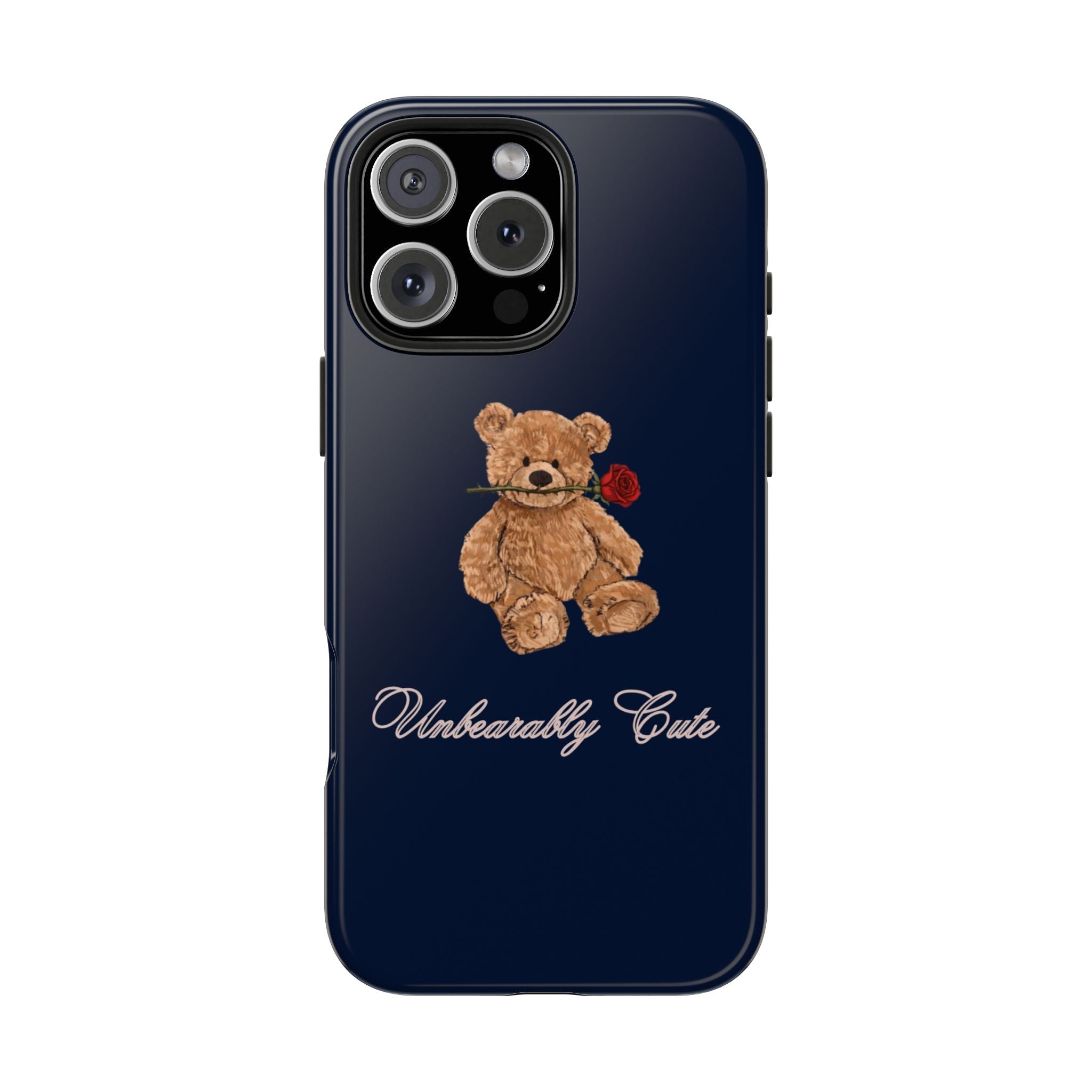 Dark blue phone case with teddy bear holding a red rose and script text