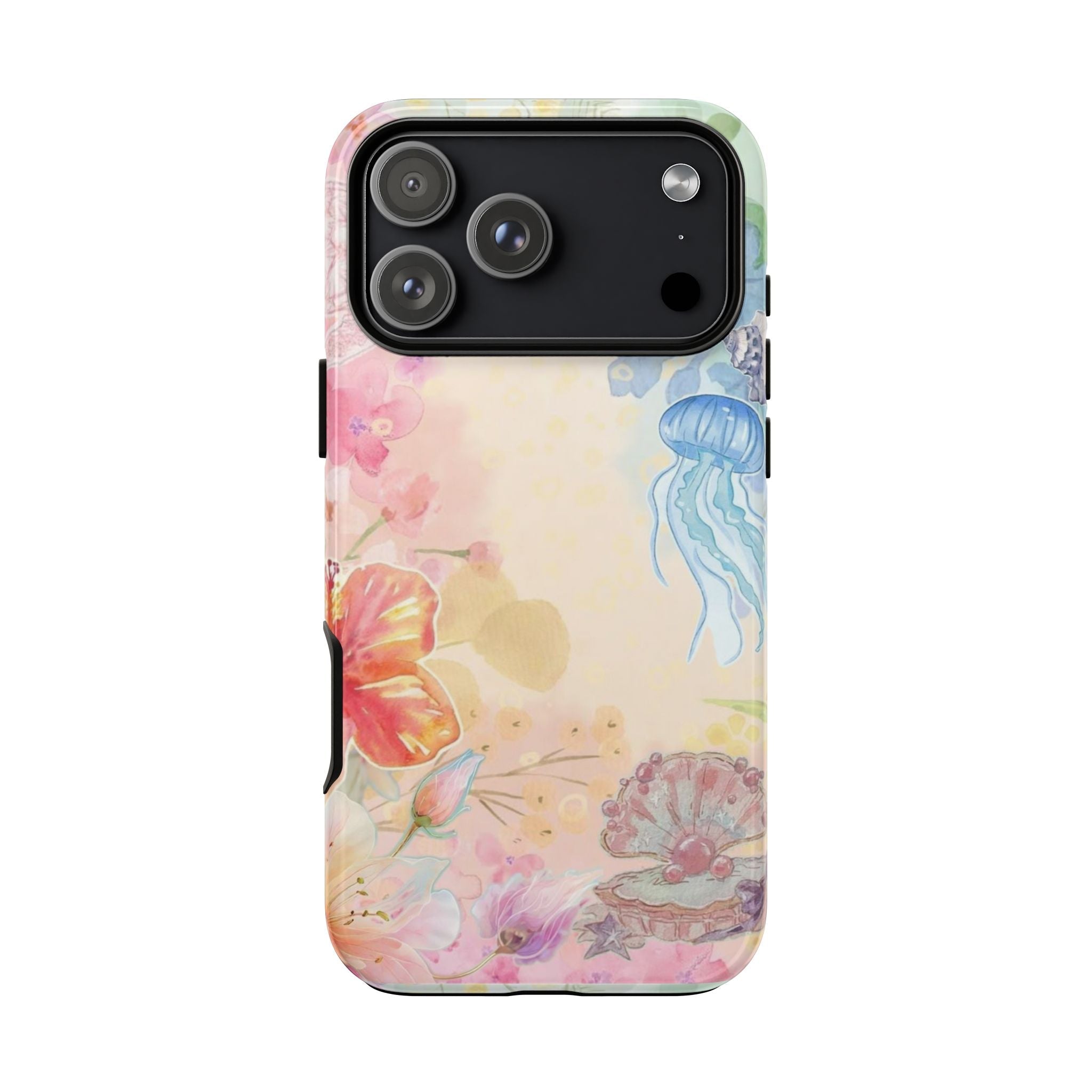 Under the sea phone case featuring jellyfish, coral, and starfish; camera openings visible
