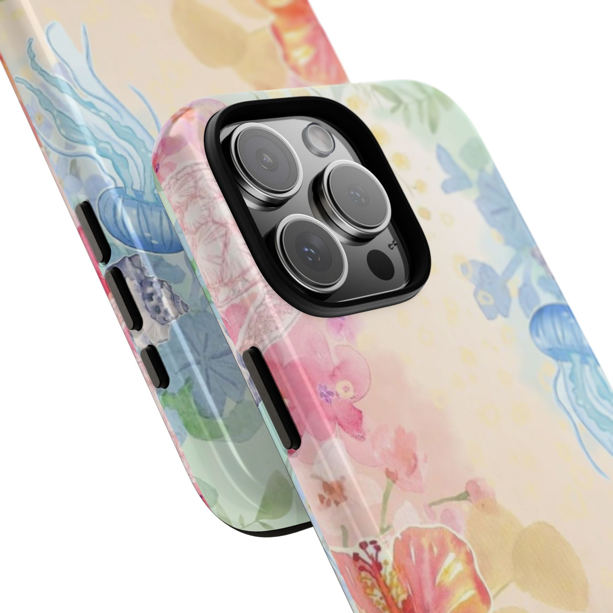 Under the sea patterned phone case showing side button openings and jellyfish/coral artwork