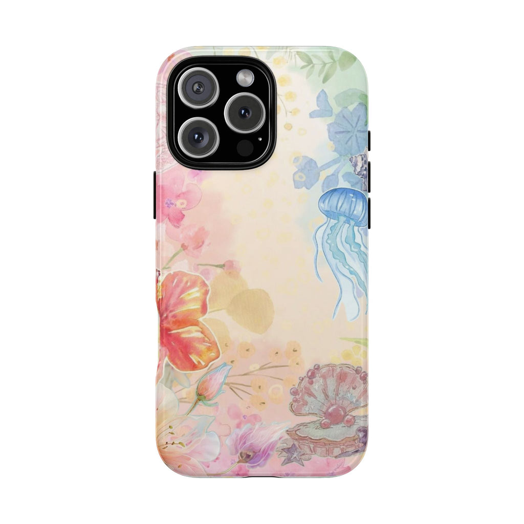Under the sea phone case with jellyfish, coral, and starfish pattern; black camera ring cutouts