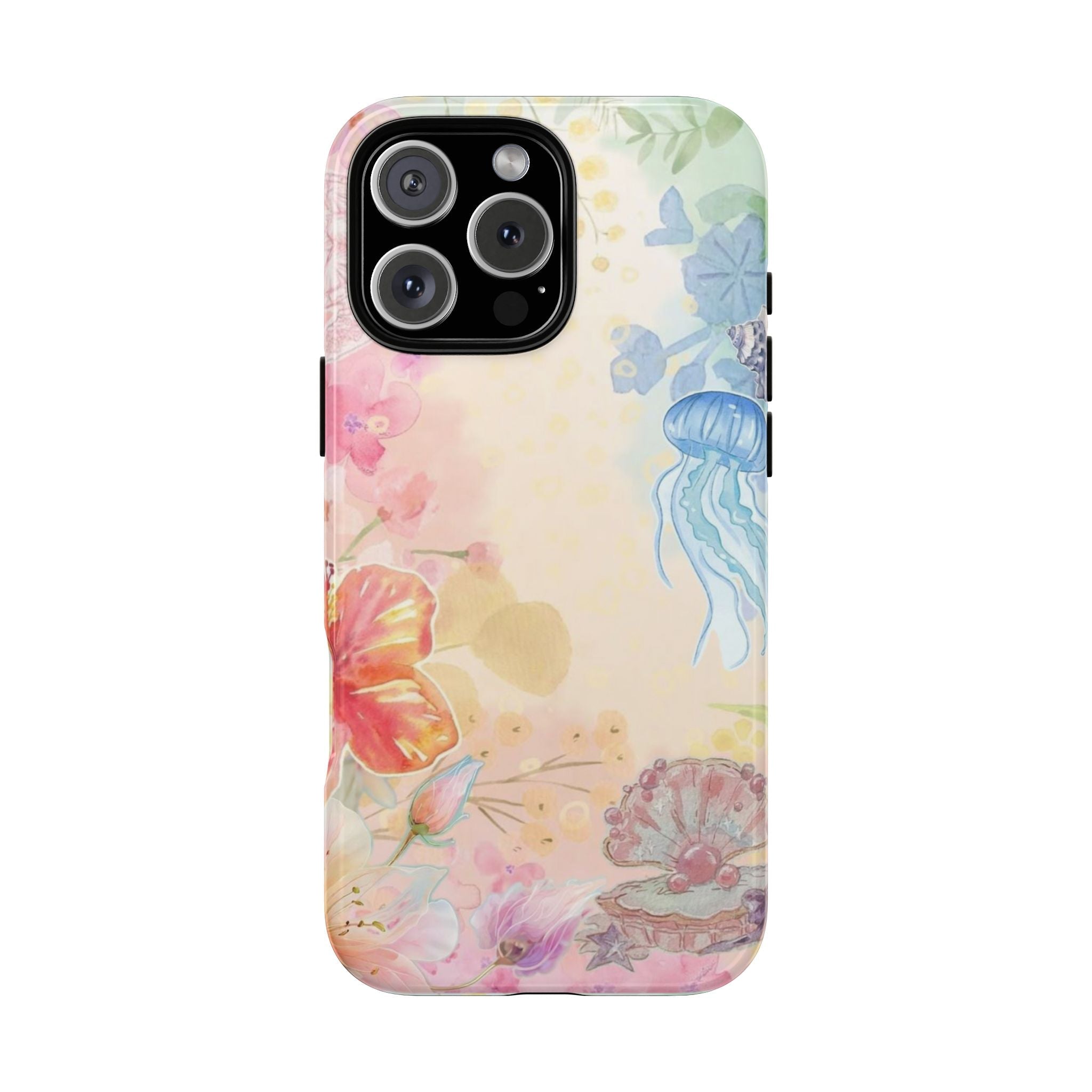 Under the sea phone case with jellyfish, coral, and starfish pattern; black camera ring cutouts