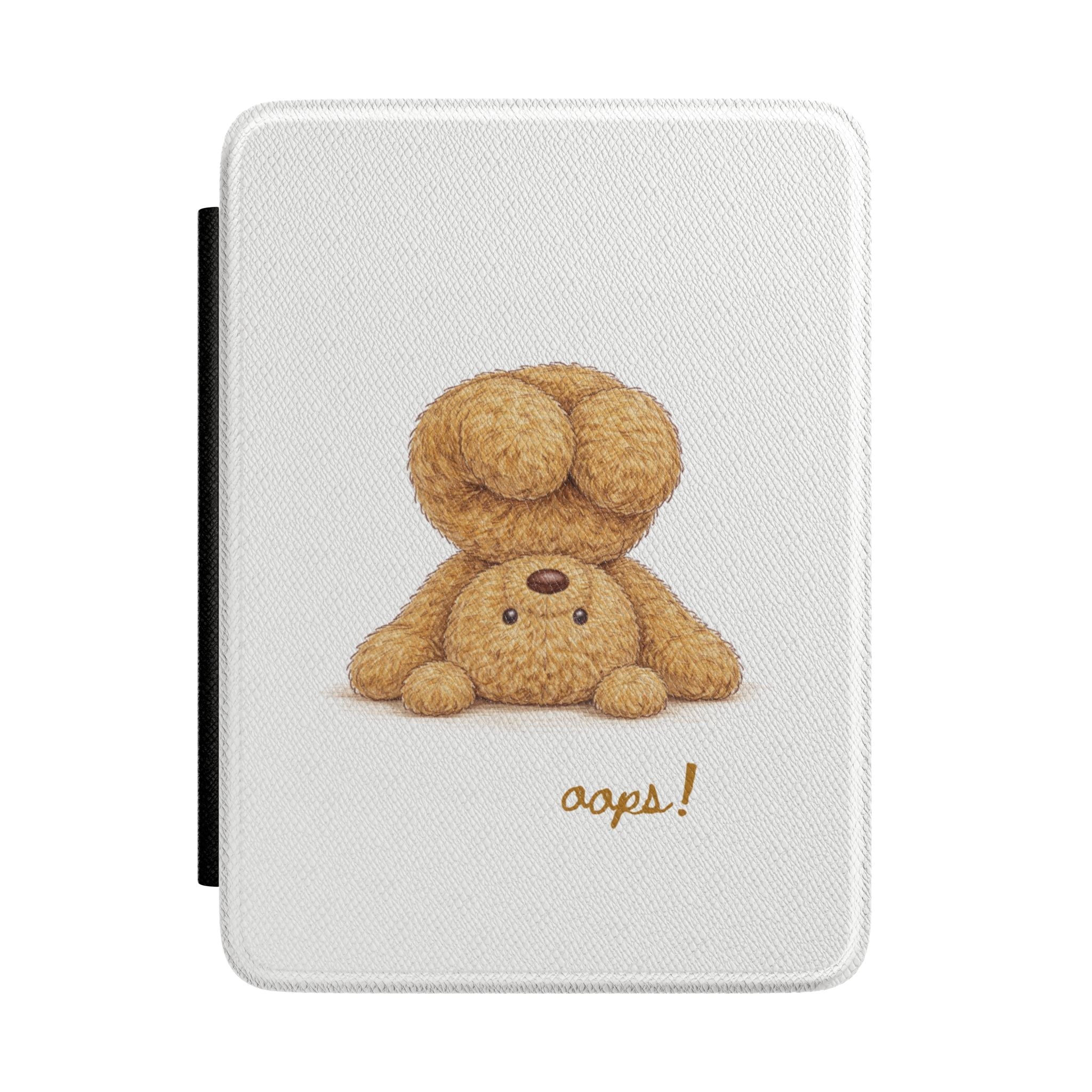 Hardcover Kindle case with upside-down teddy bear illustration on light textured cover