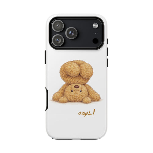White phone case with upside-down teddy bear illustration and 'oops!' near bottom, camera cutouts