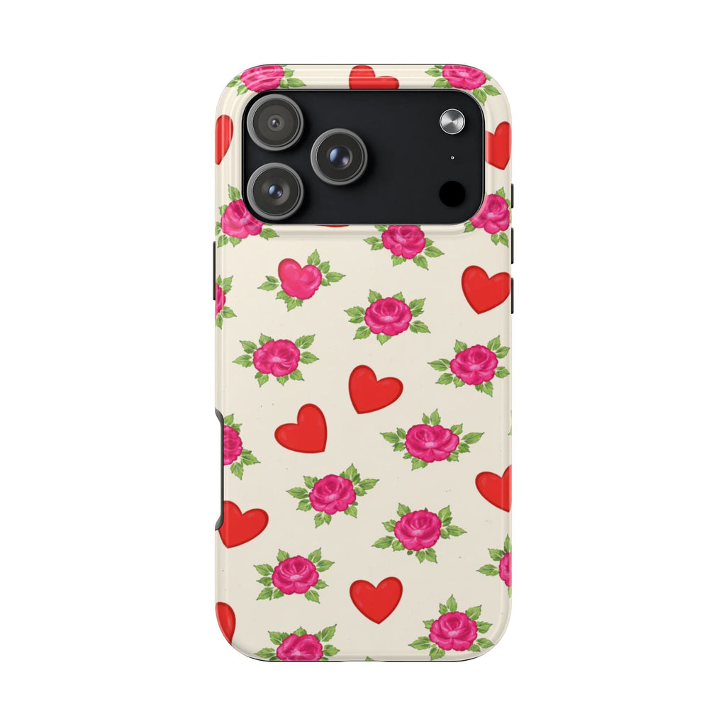 Valentine’s floral phone case with pink roses and red hearts, camera cutout visible