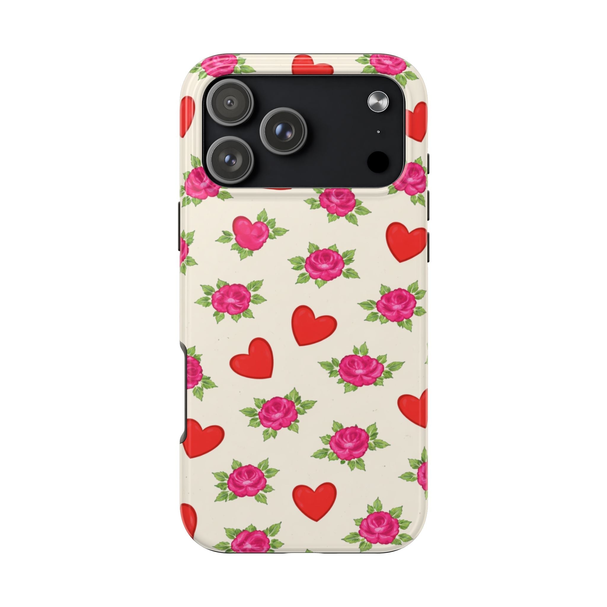 Valentine’s floral phone case with pink roses and red hearts, camera cutout visible