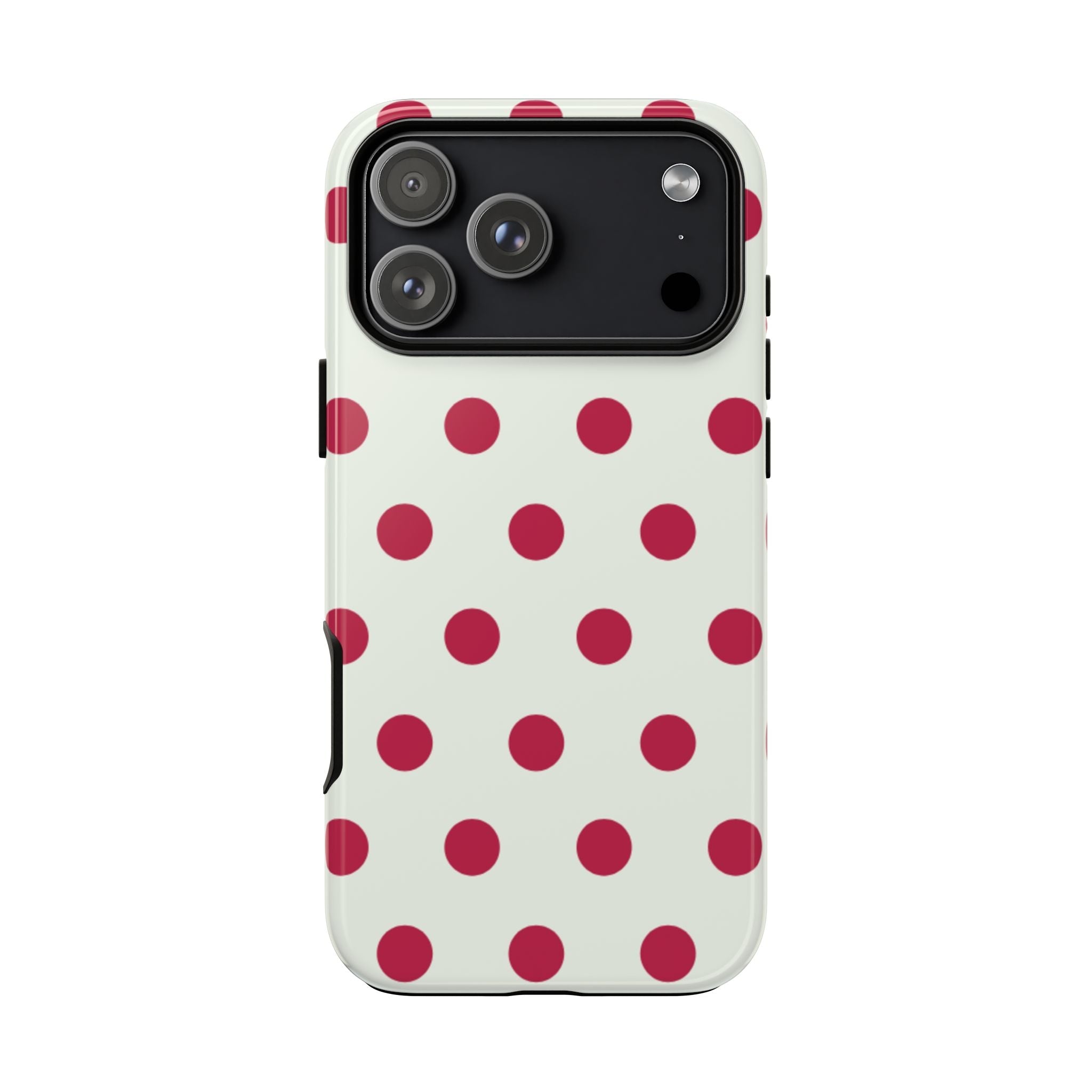 Back of vanilla phone case with red polka dots and raised camera area