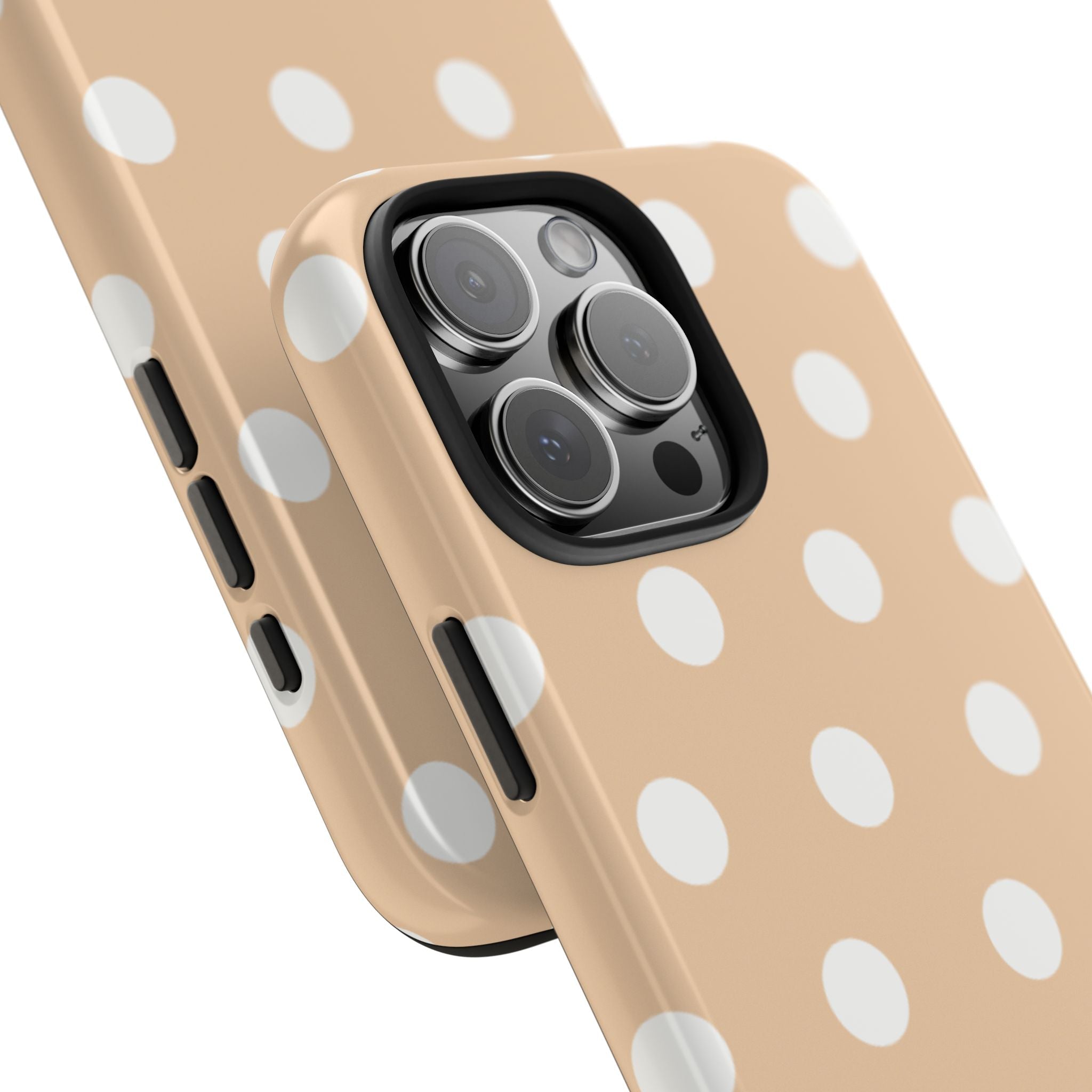 Vanilla polka dot phone case close-up showing camera cutout and white polka dots.