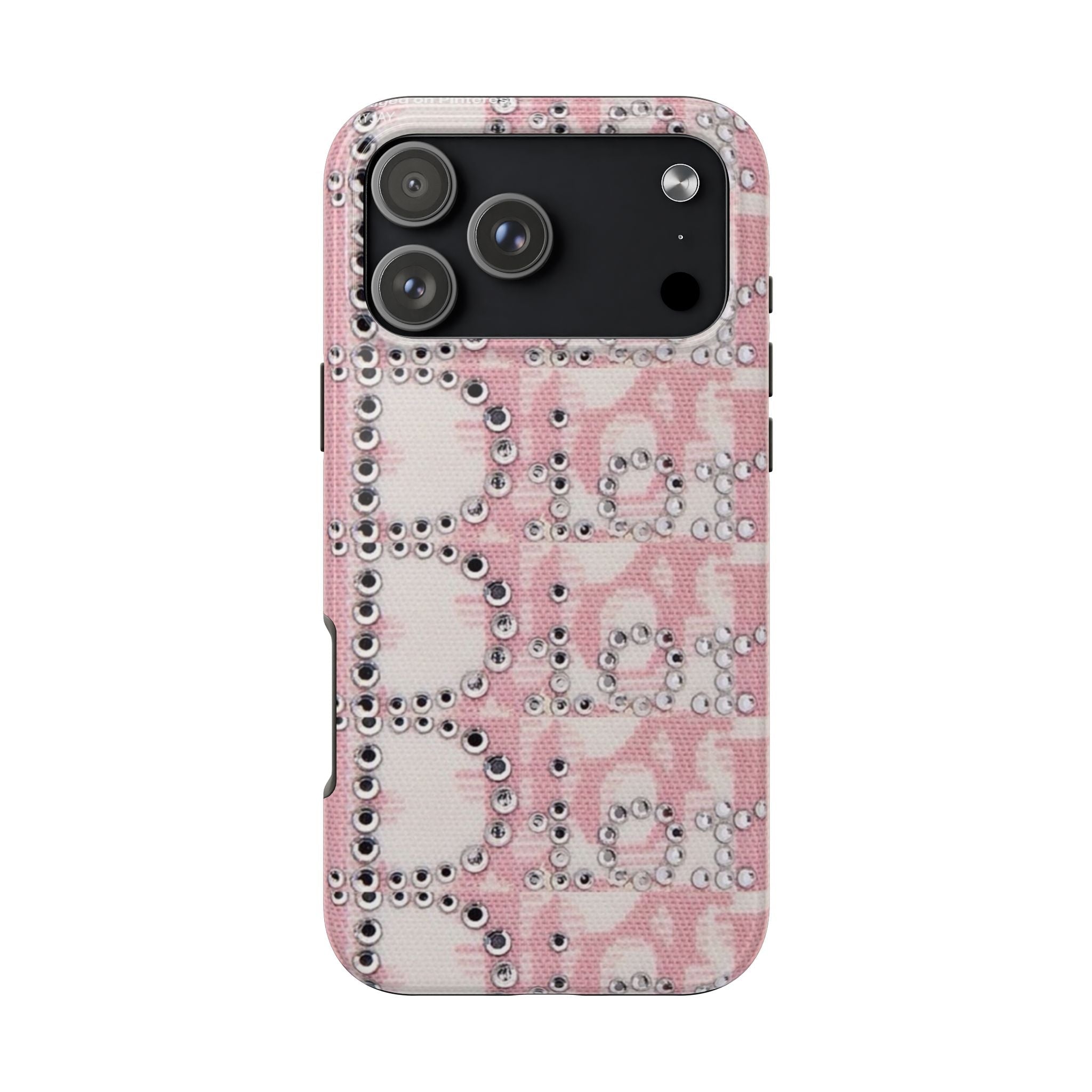 Baby pink rhinestone phone case with camera cutouts, vintage 90s-style pattern