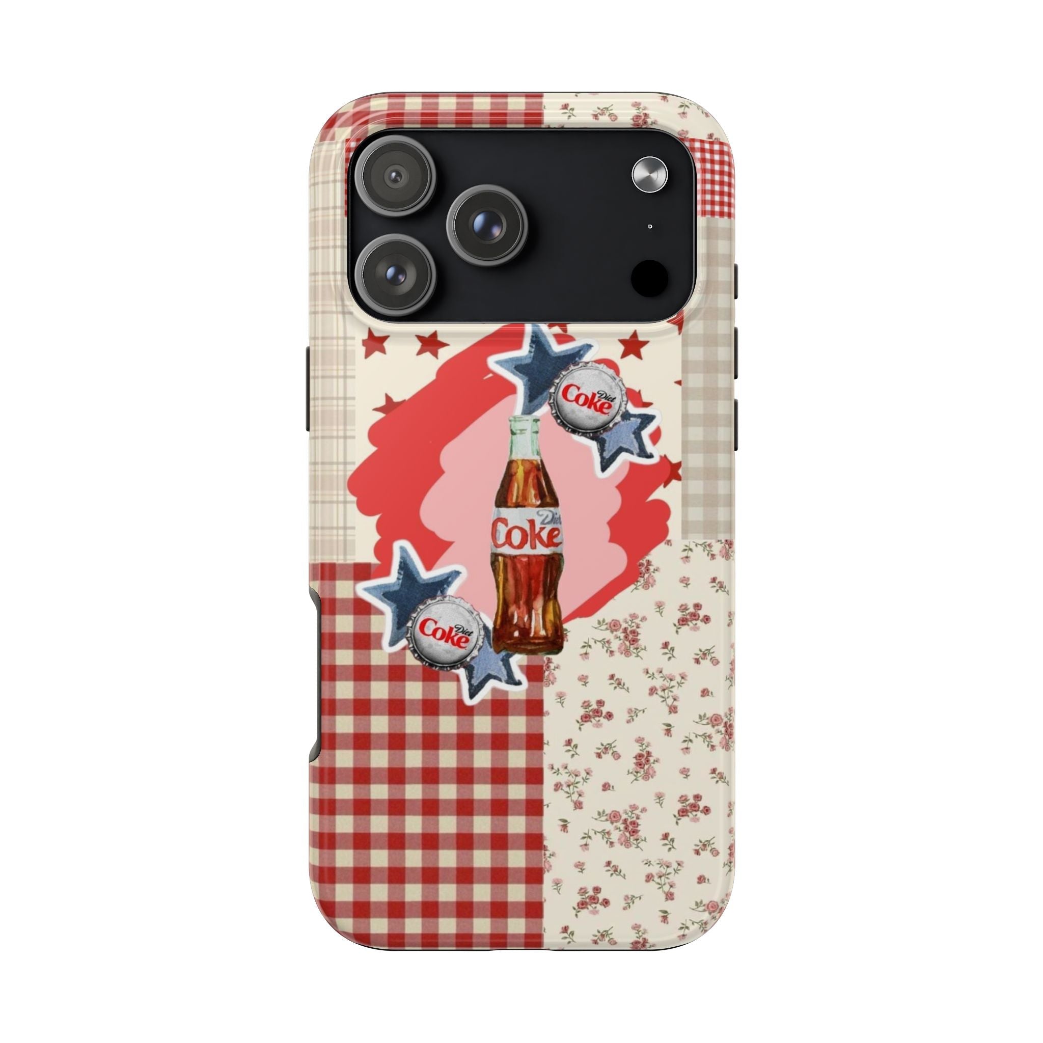 Vintage Americana phone case with red gingham, cream floral, star-and-bottle graphic