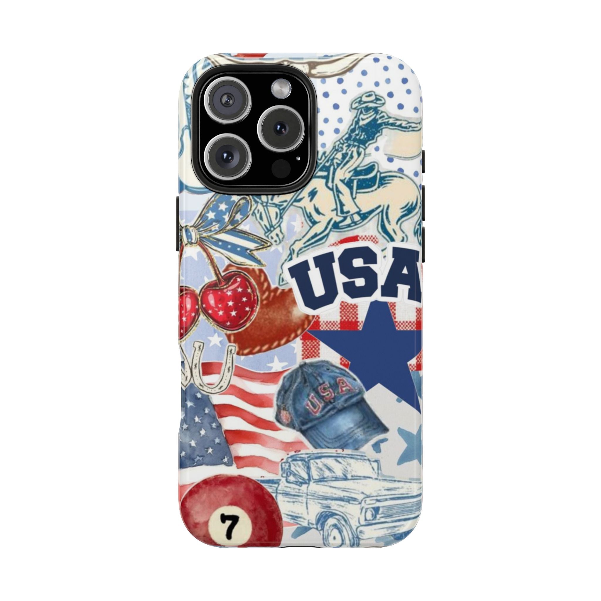 Vintage Americana phone case with USA text, stars, and horse graphics in red/blue