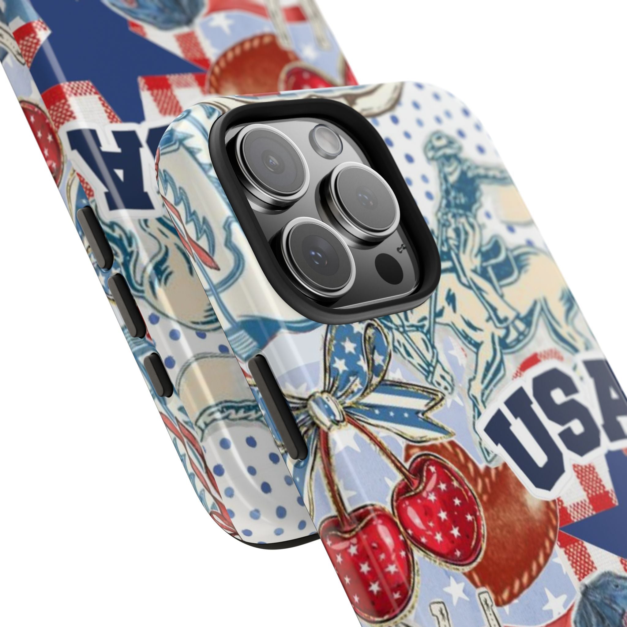 Angled view of Vintage Americana USA phone case with stars and horse graphics