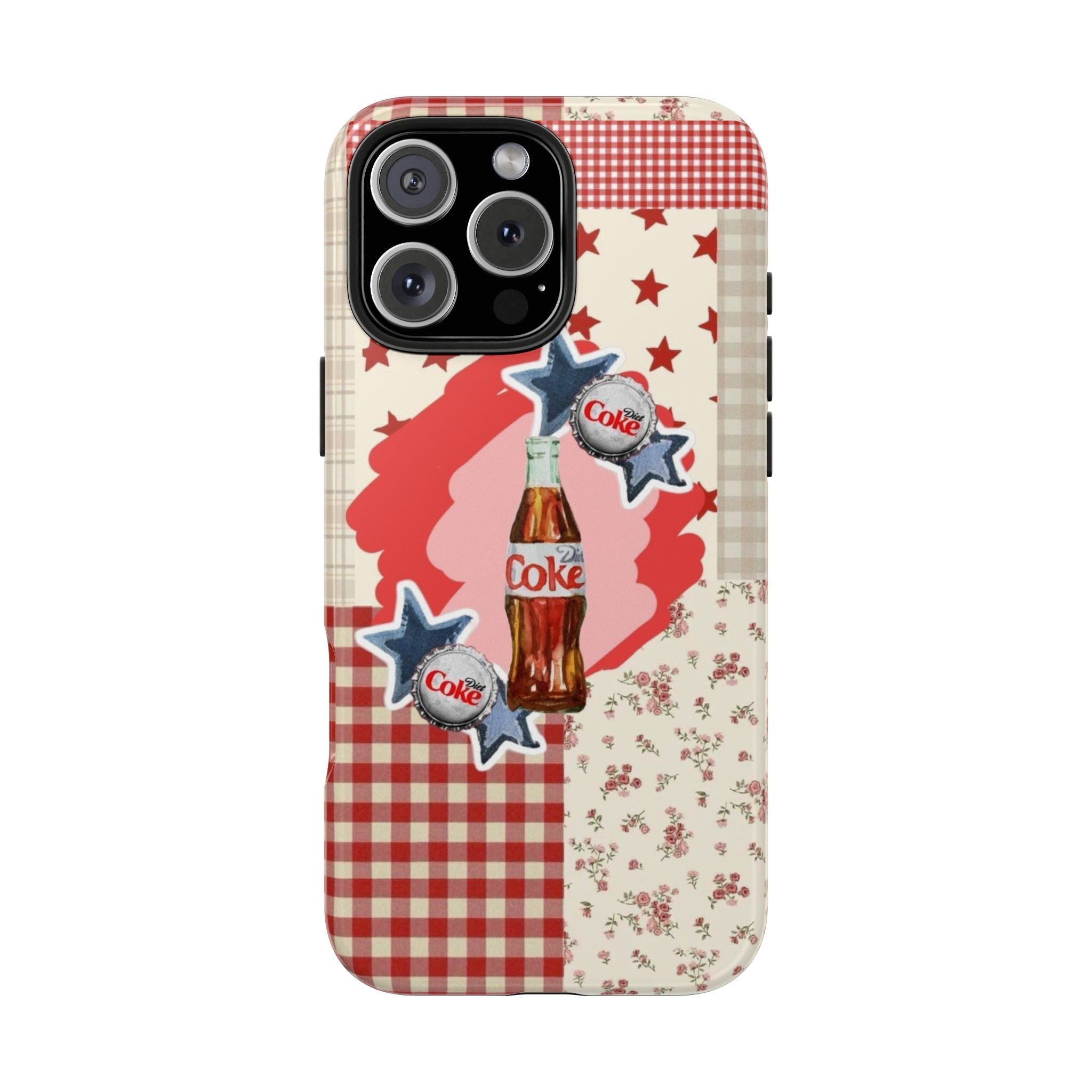 Vintage Americana phone case with red gingham band, cream floral stars, bottle emblems