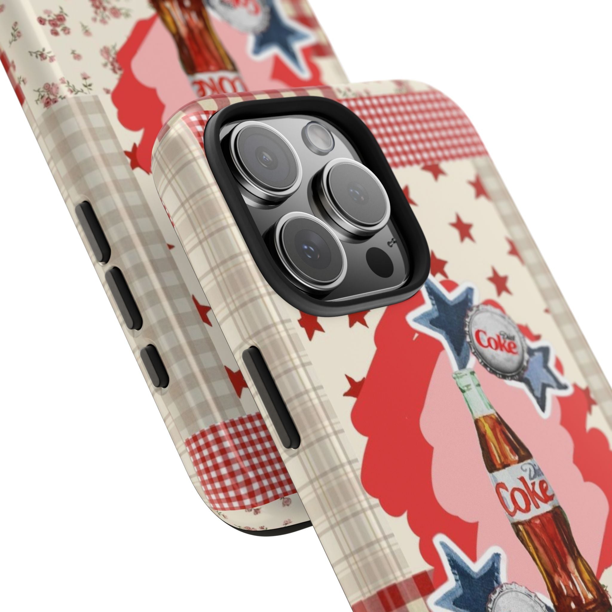 Side view phone case showing camera cutout and gingham check texture with star bottle art