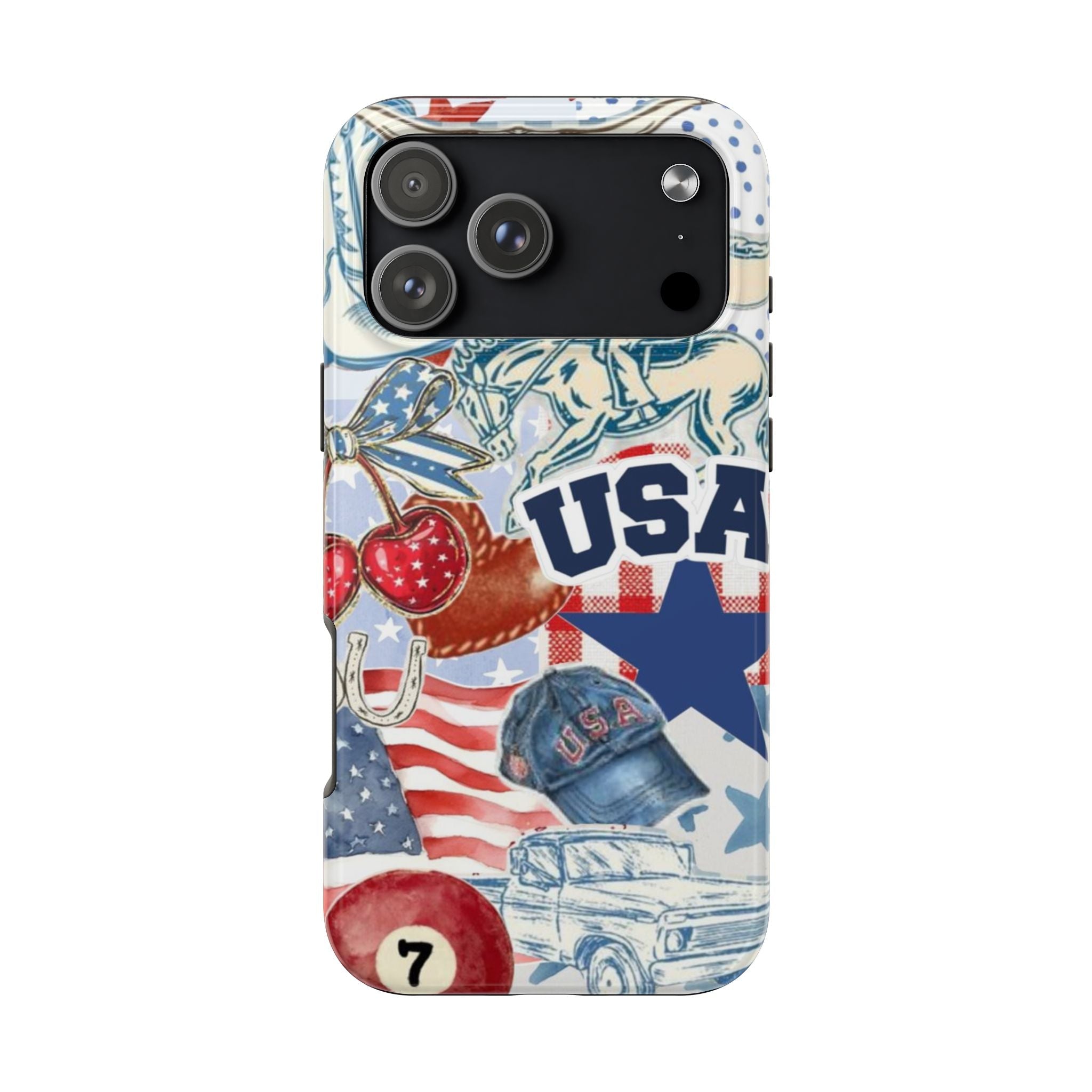 Vintage Americana phone case with USA text, star patterns, and patriotic objects