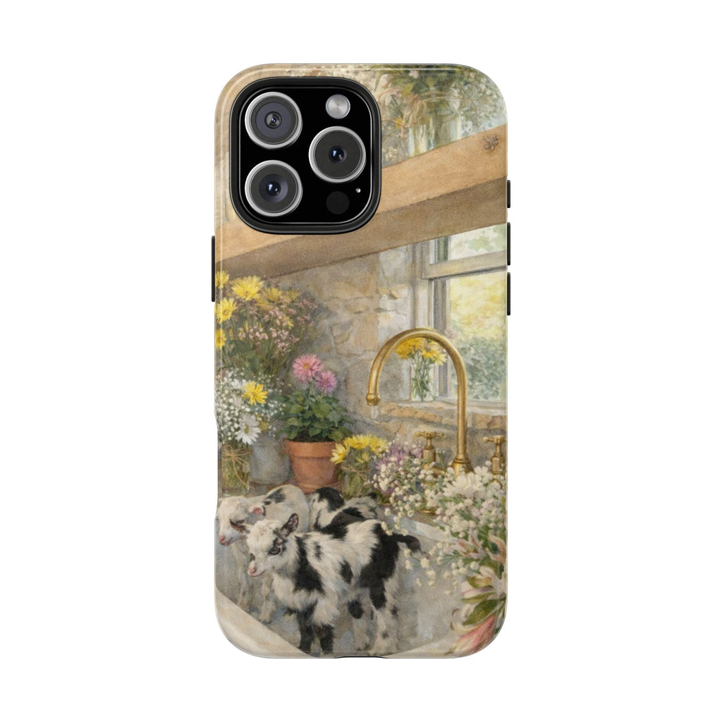 Vintage cows phone case featuring bouquet flowers and arched faucet design