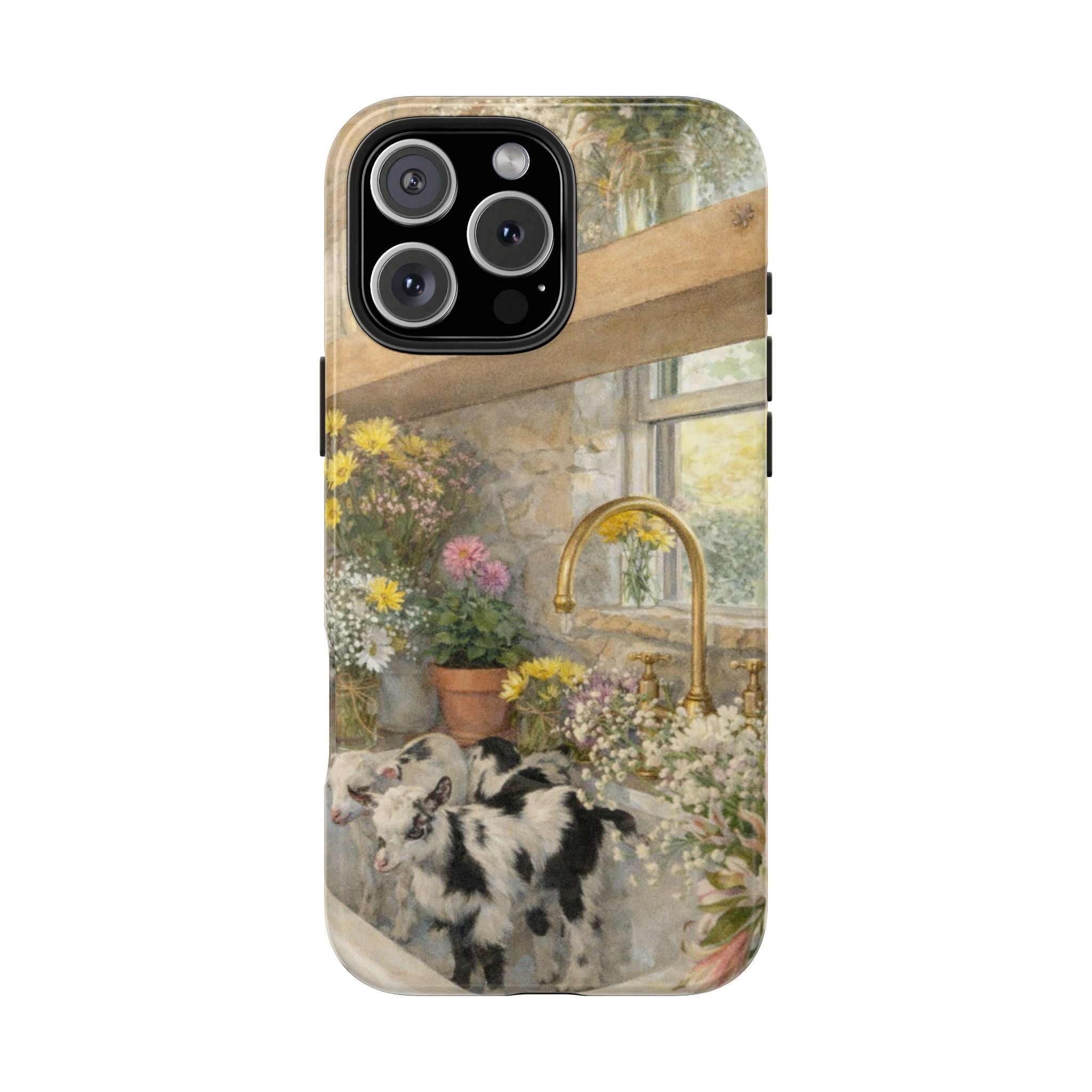 Vintage cows phone case featuring bouquet flowers and arched faucet design