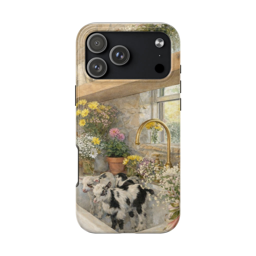 Vintage baby cows phone case with floral garden scene and black camera cutout