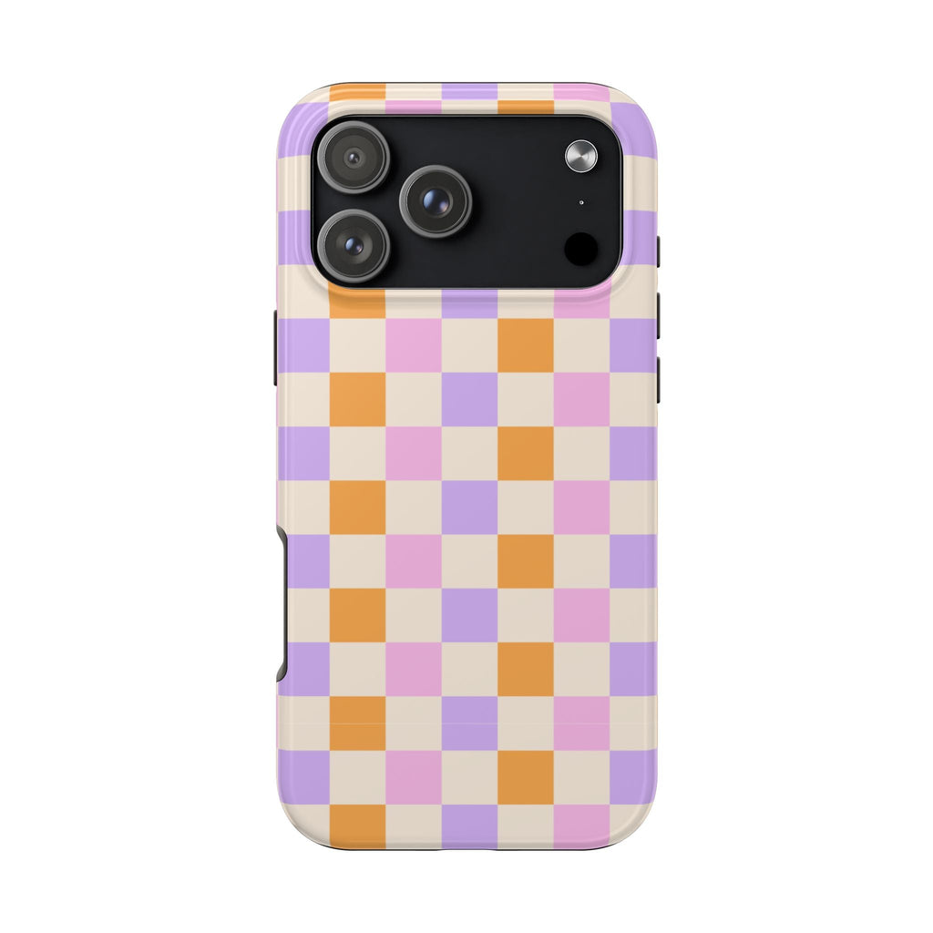 Vintage gingham phone case with purple, orange, and cream checker pattern