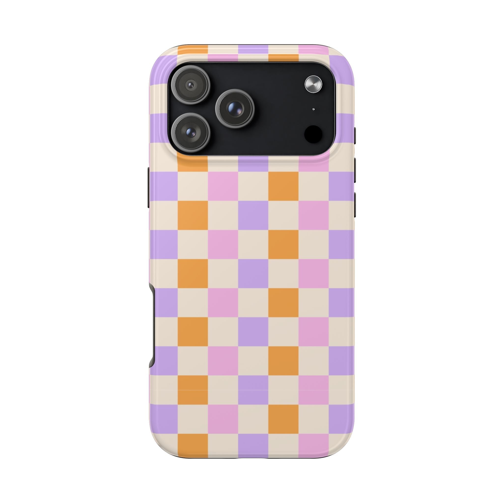 Vintage gingham phone case with purple, orange, and cream checker pattern